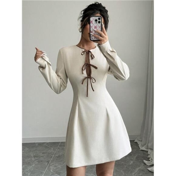 Women's Casual Color Block Drawstring Long Sleeve Dress, Spring/Fall - Picture 6 of 7